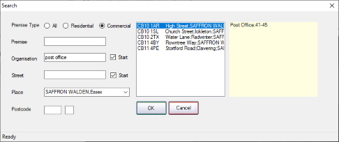 Example of postcode finding result